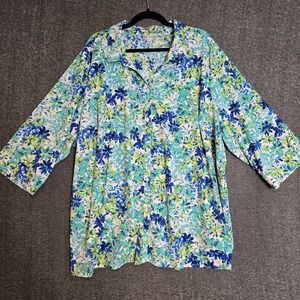 Catheines Button‎ Up Blouse 3/4 Sleeve Blue Green Floral Lightweight Plus Sz 3X